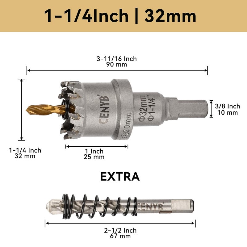 cenyb 1-1/4" (32mm) Tungsten Carbide Tipped Hole Saw with 2Pcs Titanium-Plated Pilot Drill Bits for Hard Metal,Stainless Steel,Iron,Aluminum Alloy,Wood and Plastic - Image 2